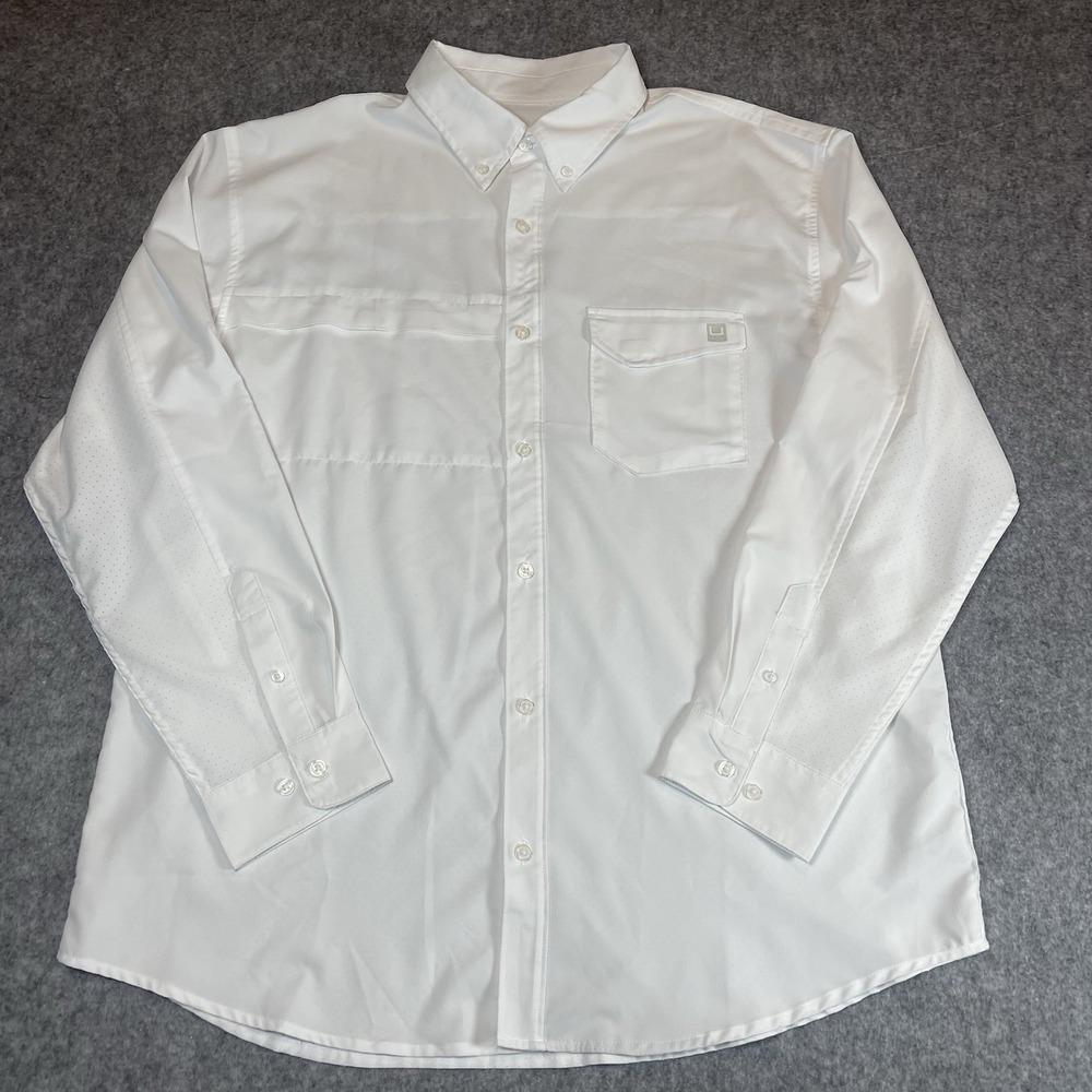 Huk Fishing Shirt Mens XL White Tide Point Long Sleeve Woven Vented Performance